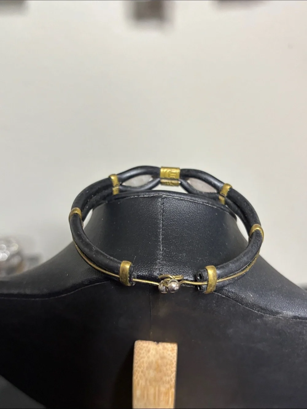 Handcrafted Black Leather Bracelet with White Stone Gem Accents